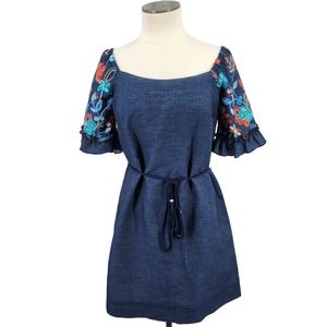Bobbie Bee Chambray Embroidered Dress Women Size 6 Blue Boho Puff Sleeve Belted